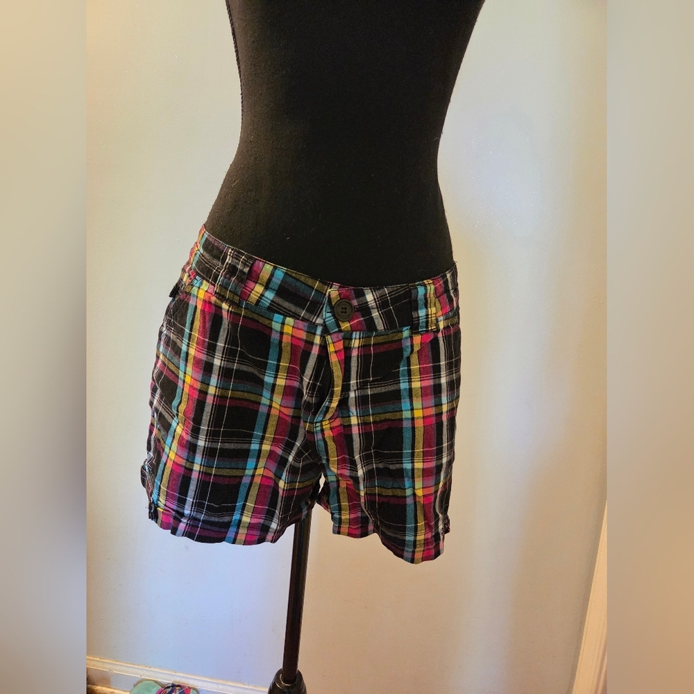 MTL Black Plaid Women's Shorts with Pink, Teal & Yellow Stripes